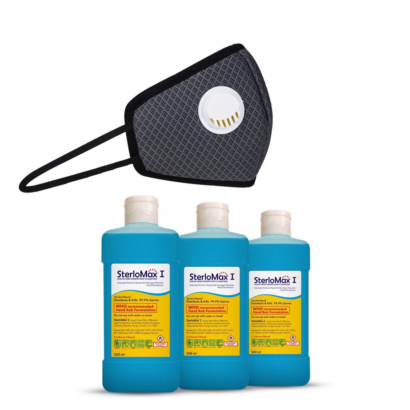 SterloMax Isopropyl based Sanitizer I-75 - 3 Pack x 500 ml Sanitizer with 1xFree Fresh Filter 6 Ply Anti-Pollution Reusable Valved Outdoor Mask