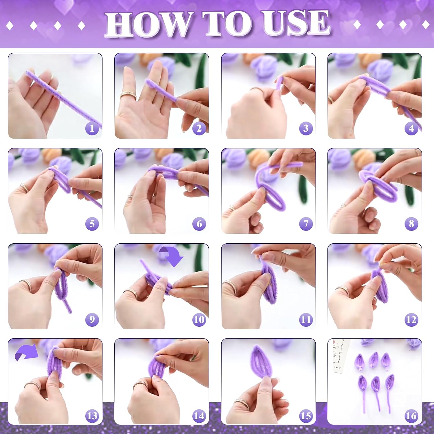 TOAOB 200pcs Pipe Cleaners DIY Purple Tulips Bouquets Bouquets Making Kit