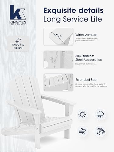 Vista 373 de KINGYES - Silla Adirondack plegable, sillas de patio de polietileno de alta densidad para todo tipo de clima, silla de césped con textura de madera