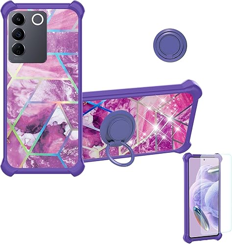 Funda para Vivo V27e compatible con Vivo V27e con protector de pantalla de vidrio templado, policarbonato duro + silicona suave, soporte de anillo,