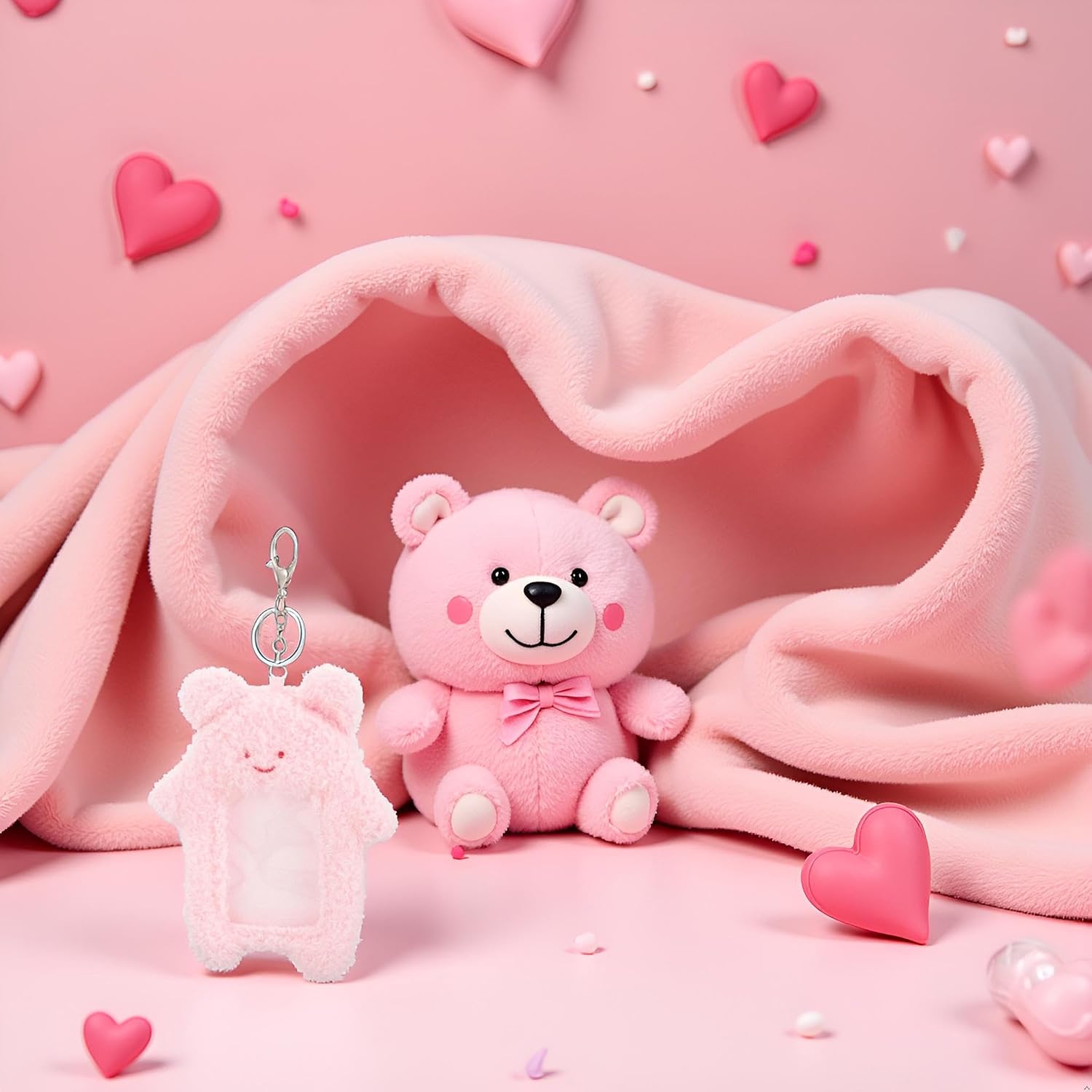1Pc Pink Cute Plush Photocard Holder with Keychain,Cute Photocard Holder,Cartoon Bear Rabbit Cat Photo Sleeve Cartoon Plush Photo Sleeve Protective Case,Photo Albums,Frames and Accessories