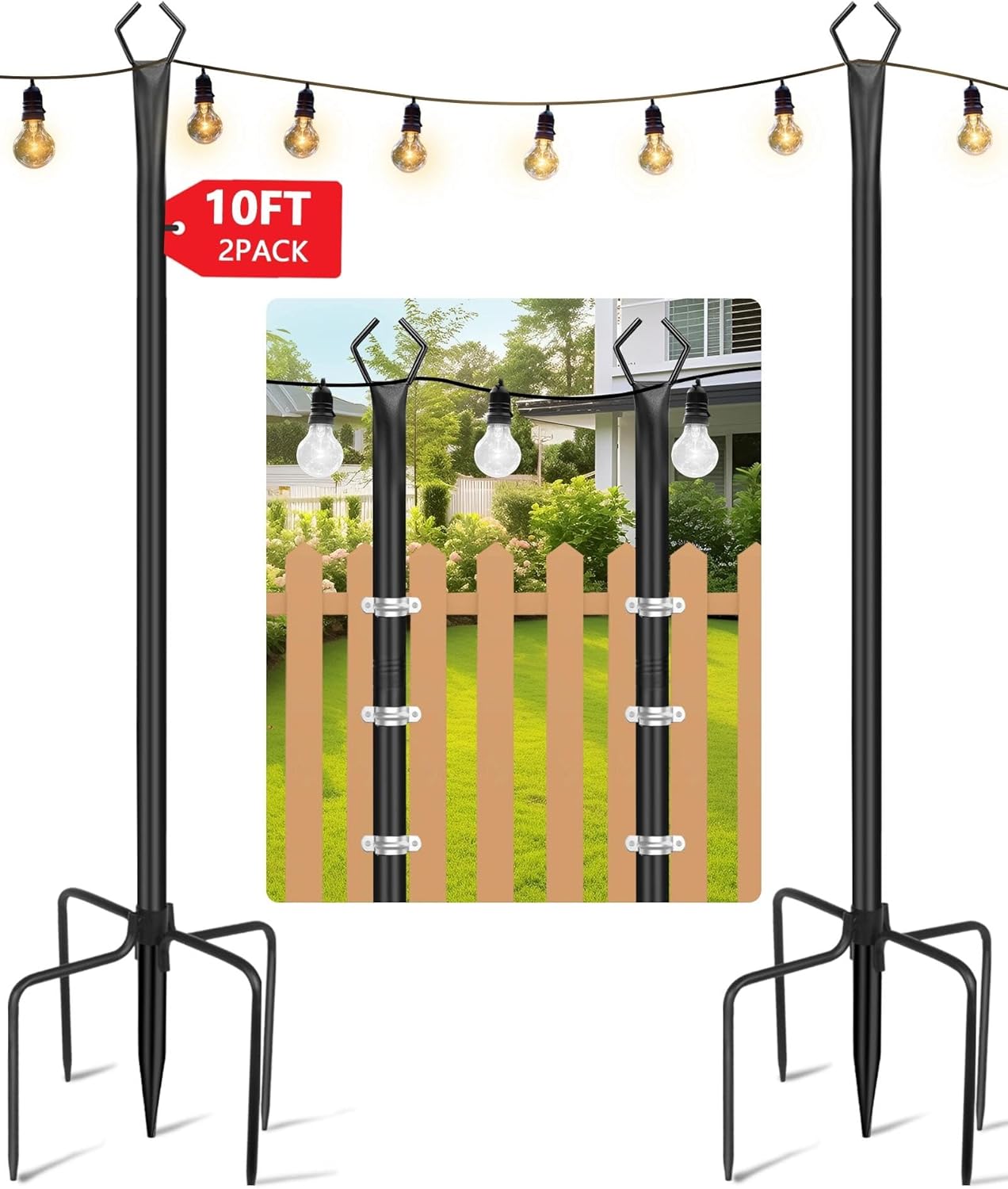 HEMMOTOP String Light Poles for Outside 10FT 2 Pack, Outdoor String Light Poles for Patio Decor Garden Deck Backyard Fence Bistro, Heavy Duty Metal Pole with Fork, Perfect for Wedding Party Camping