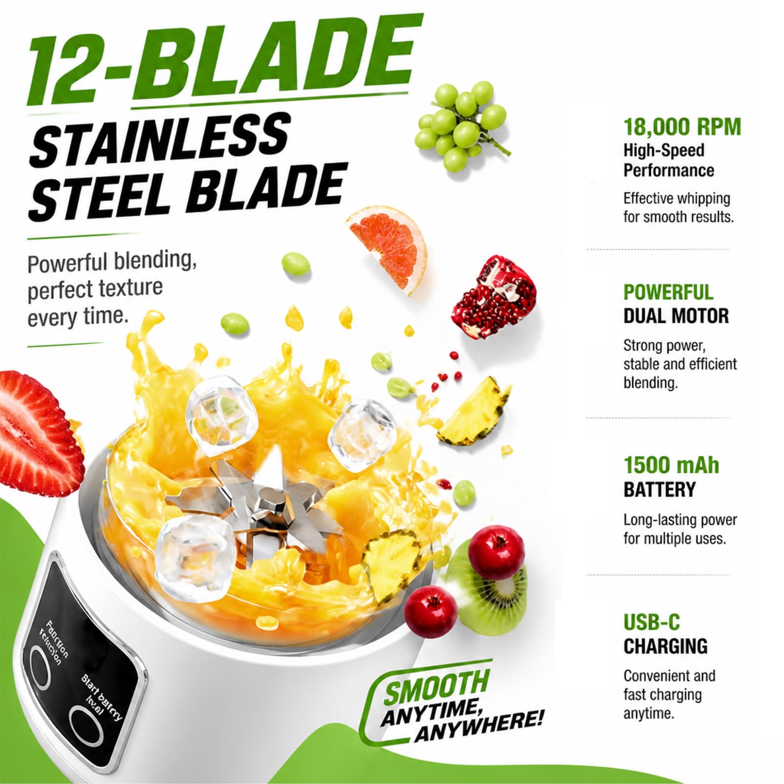 Tragbarer Mixer Smoothie Maker To Go, 500ml Portable Blender mit LED Display und 12 Klingen, USB 1500mAh Elektrisch Mixer, BPA-frei, für Sport, Reisen, Büro, Outdoor (Weiß)