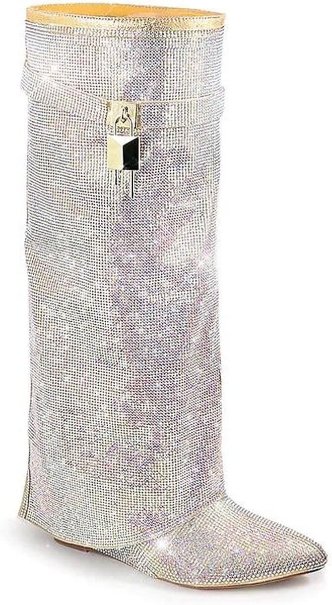 Liliana Women Rhinestone boots Fold over boots Knee high Wedge Heel Pointed Toe Pull-On Tall Boots MUTTO-1 C