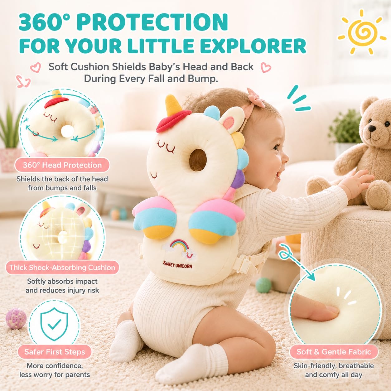 PandaEar Baby Head Protector Backpack Unicorn for Walking Crawling | Soft baby head protector backpack cushions little falls during crawling and early walking for everyday confidence.