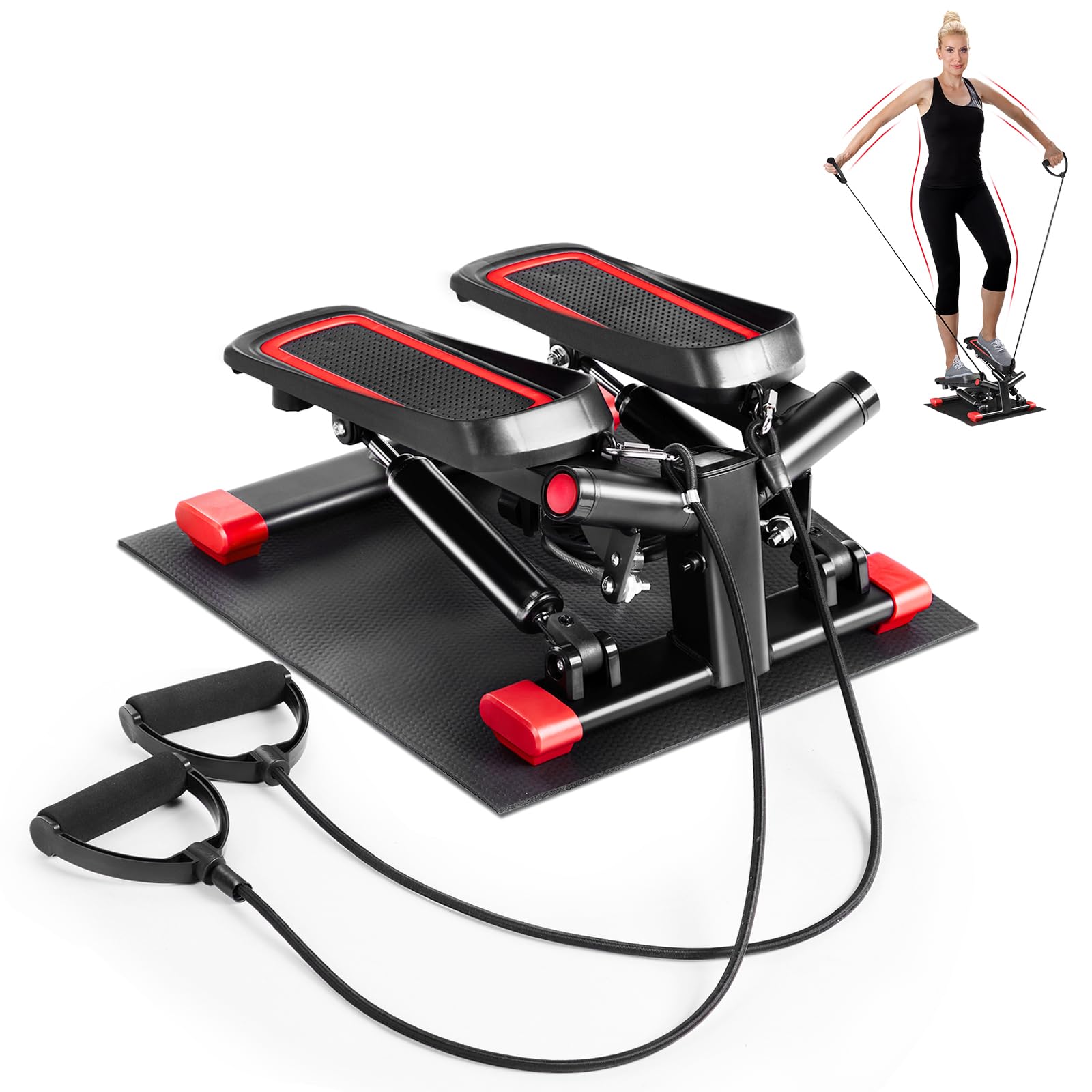 LEADZM Mini Stepper avec Coussinet Silencieux, Stepper de Fitness 2 en 1 avec Bandes de Résistance, Écran LCD, Compteur de Calories, pour L'entraînement des Jambes et des Bras Fessiers, Noir et Rouge