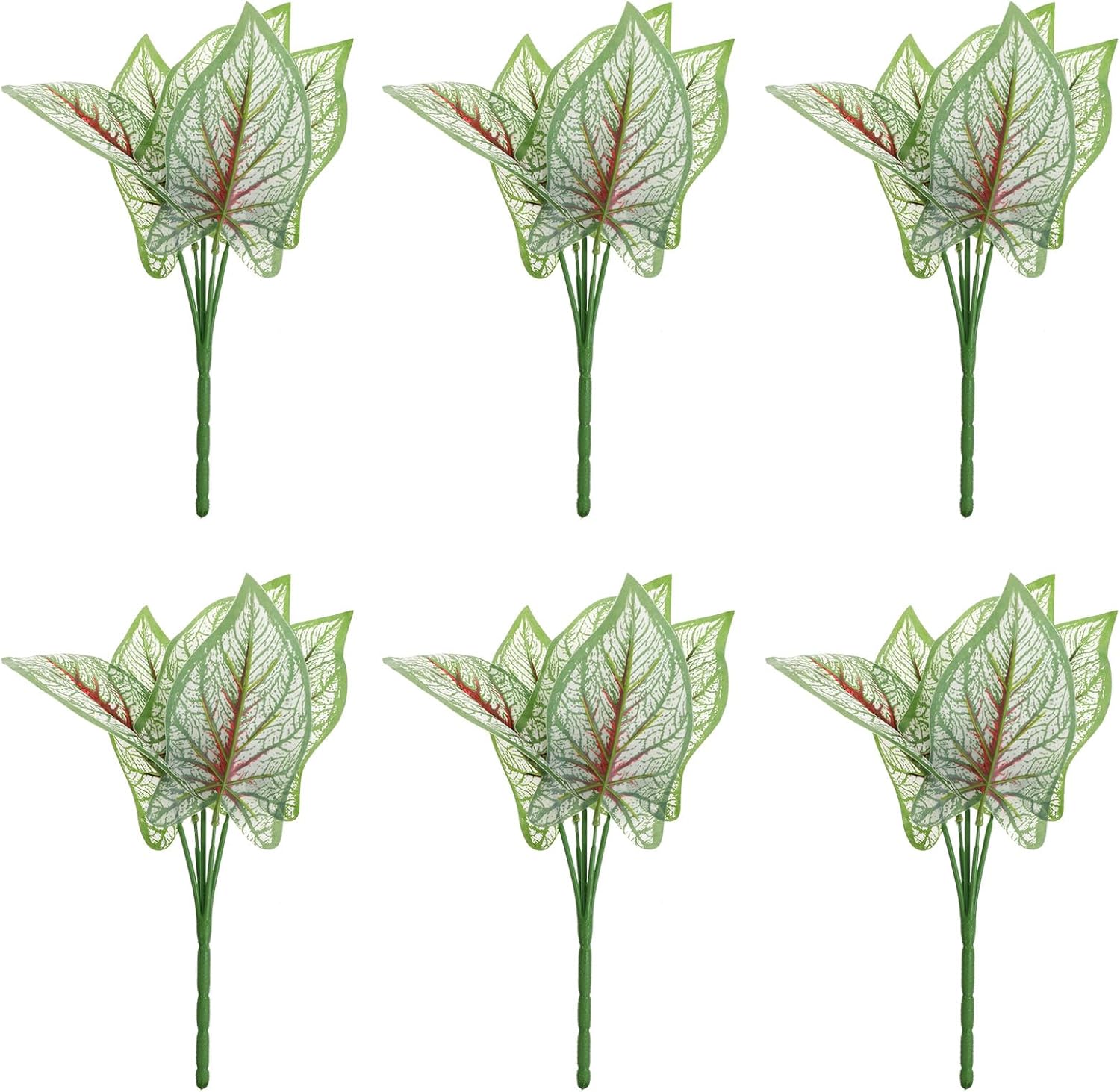 Artificial Green Plant Leaves 6pcs Simulation Greenery Faux Plant Decor White Red Heart Caladium Desktop Decoration for Home Office