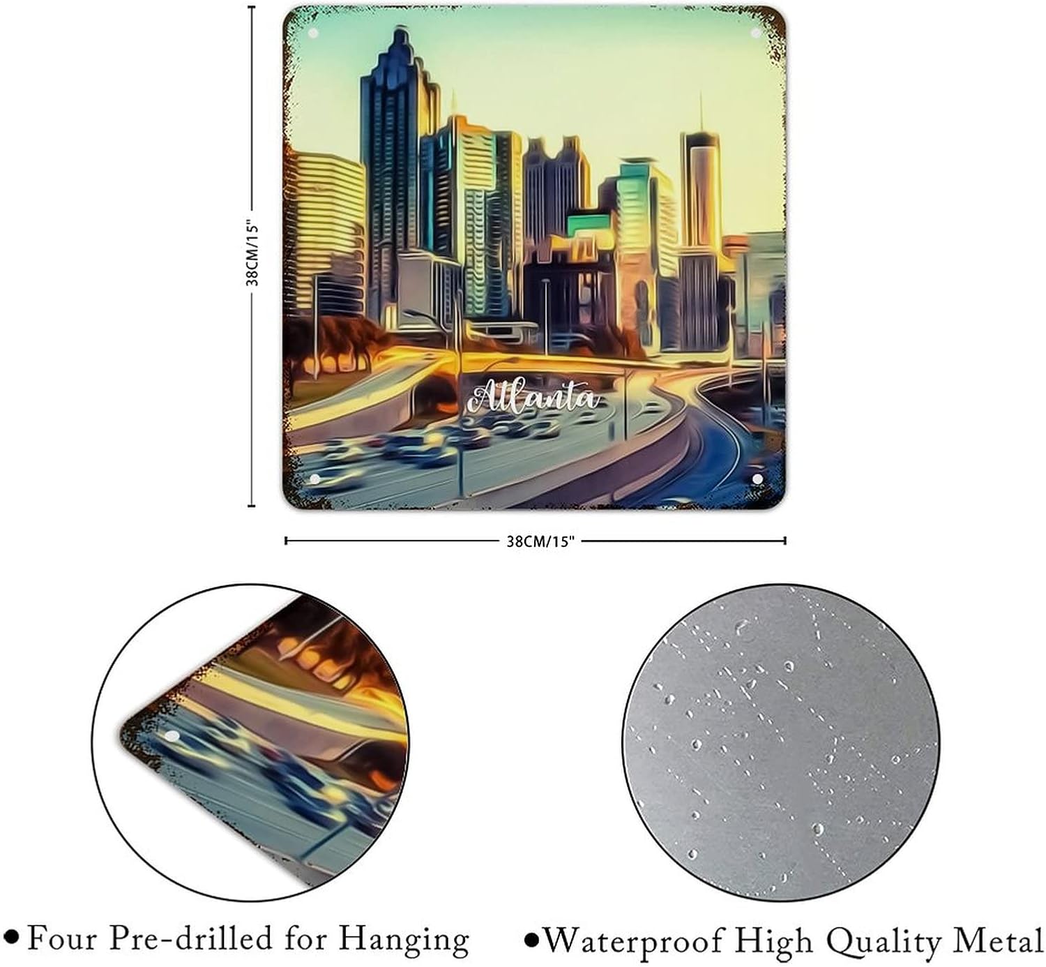Vintage Metal Tin Sign Georgia USA Atlanta Cityscape Metal Sign Popular Country City Souvenir Wall Art Rustic Wall Decor for Bedroom Kitchen Cafe Bar Office Garage 15x15 inch image 3