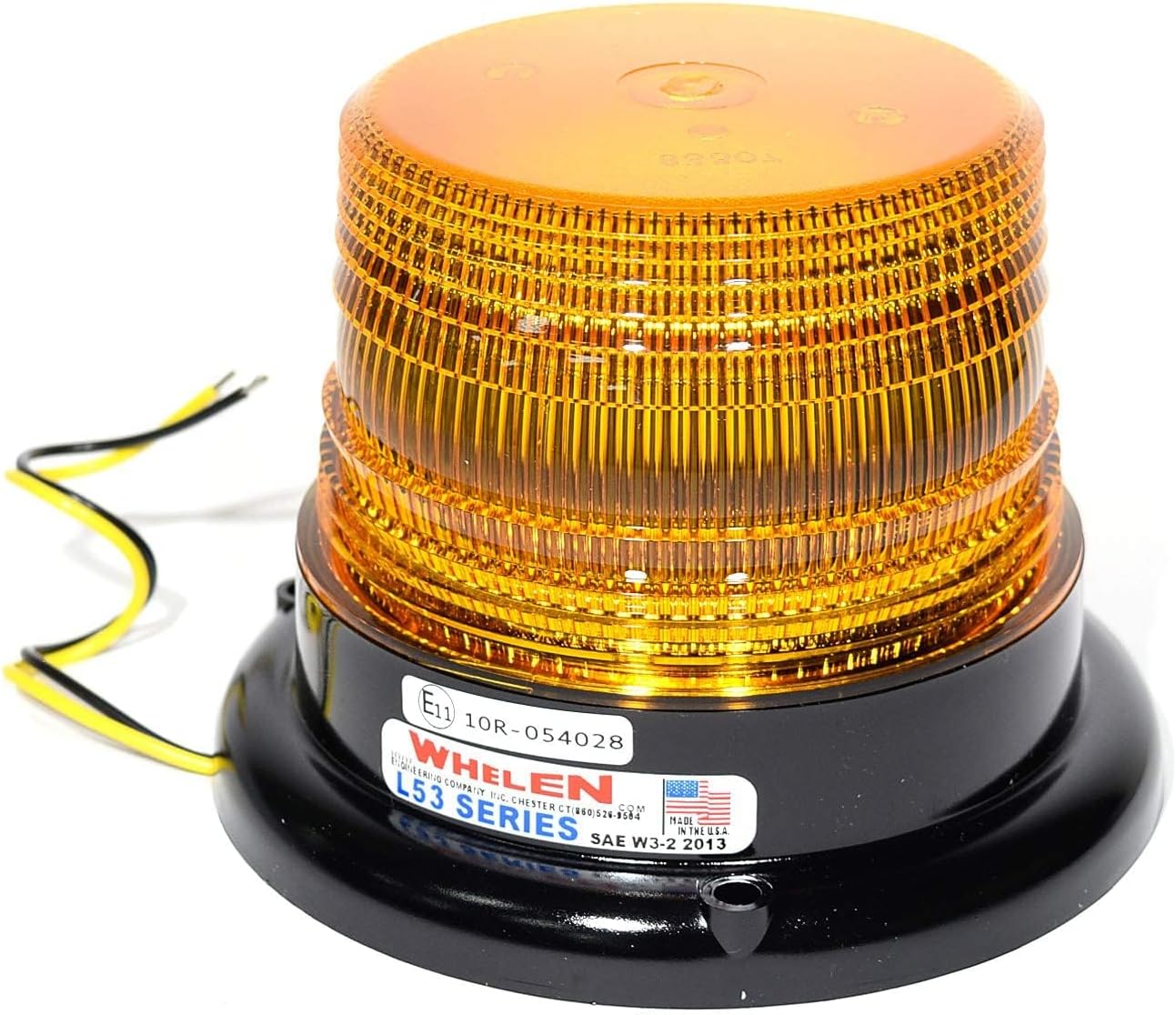 Whelen L53 Super-LED Mini Beacon, amber light with black base and exposed wires.