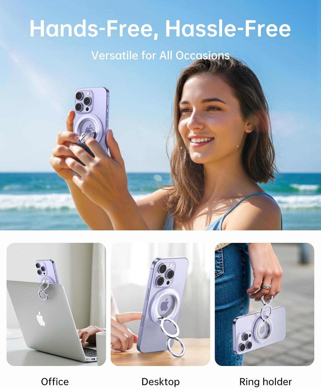 SYNCWIRE Phone Ring Holder Grip for MagSafe, 360° Rotation Magnetic Cell Phone Grip Stand Two-Sided Magnetic Compatible with iPhone 16 15 14 13 12 Pro Max fits MagSafe Accessories - Pink+Purple