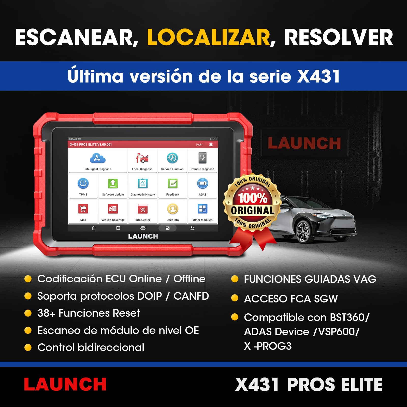 Launch X431 Pros Elite OBD2 Diagnosis Coche Multimarca, Codificación ECU, Sistema Completo Bidireccional Scan Tool, Soporte 45+ Servicios, CANFD&DoIP, Función Guía, 2 Años de Actualización Gratuita