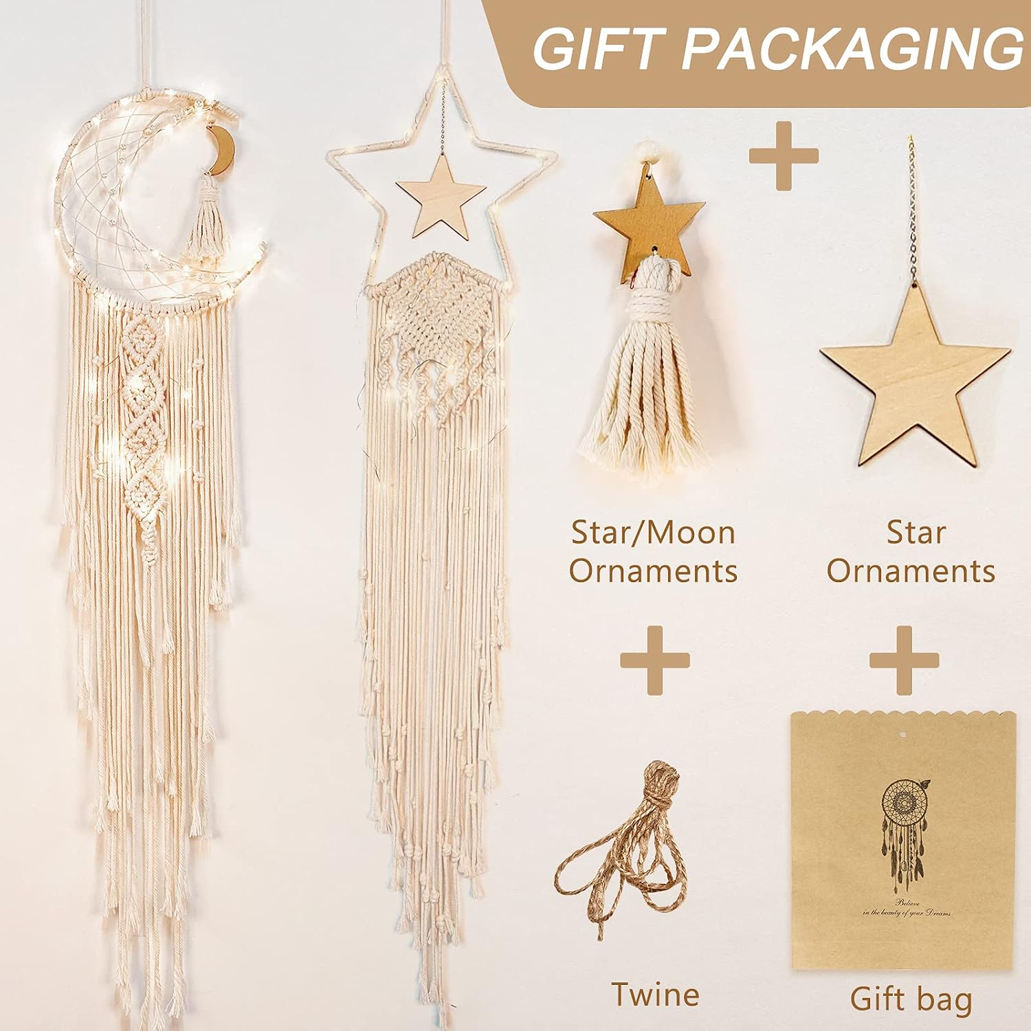 OurWarm Star Moon Dream Catchers with LED Light, 2 Pcs Handmade Macrame Woven Hanging Wall Decors for Bedroom, Boho Room Decor for Teen Girls, Hippie Craft Gifts for Kids, Teen Girl Room Decor