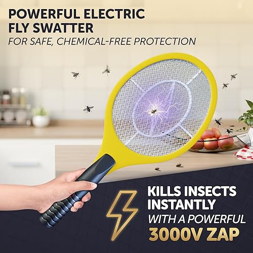 Miniatura 9 de Raqueta matamoscas eléctrico y exterminador de mosquitos para control de insectos en interiores y exteriores, raqueta de tenis a pilas Zap, ligera y