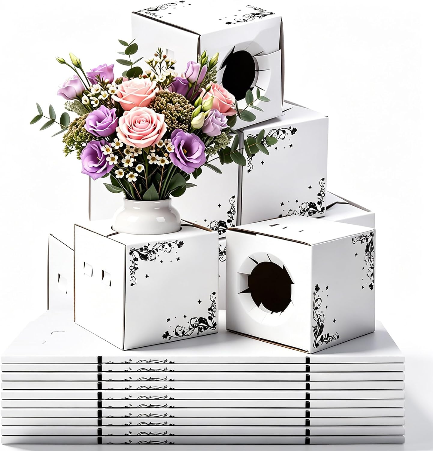 MotiMind 10 Pcs Cardboard Delivery Boxes Flower Delivery Box Vase Cases Cardboard for Bouquet Arrangements Florist Package (4'' X 4'' X 4'')