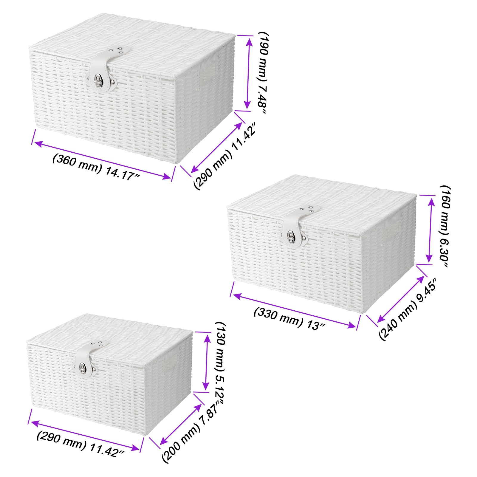 Set di 3 cestini bianchi intrecciati con coperchio e lucchetto, cesto portabiancheria intrecciato con coperchio, in resina, bianco, per regalo, vestiti, piccolo/medio/grande