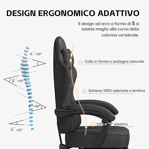 PZDO Sedia Gaming Ergonomica Sedia da Ufficio con Tessuto High-Tech, Poltrona Gamings con Poggiapiedi,PC Sedie Computer Gaming Chair Poggiatesta, Adulti, Adolescenti, regalo, 150 kg(Nero) - 6