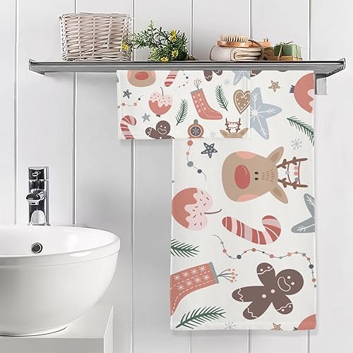 Miniatura 2 de senya Bath Towel Set, Christmas Forest Animal Reindeer Gingerbread Cotton Bath Towels Soft Highly Absorbent Fast Drying for Bathroom Gym Hotel