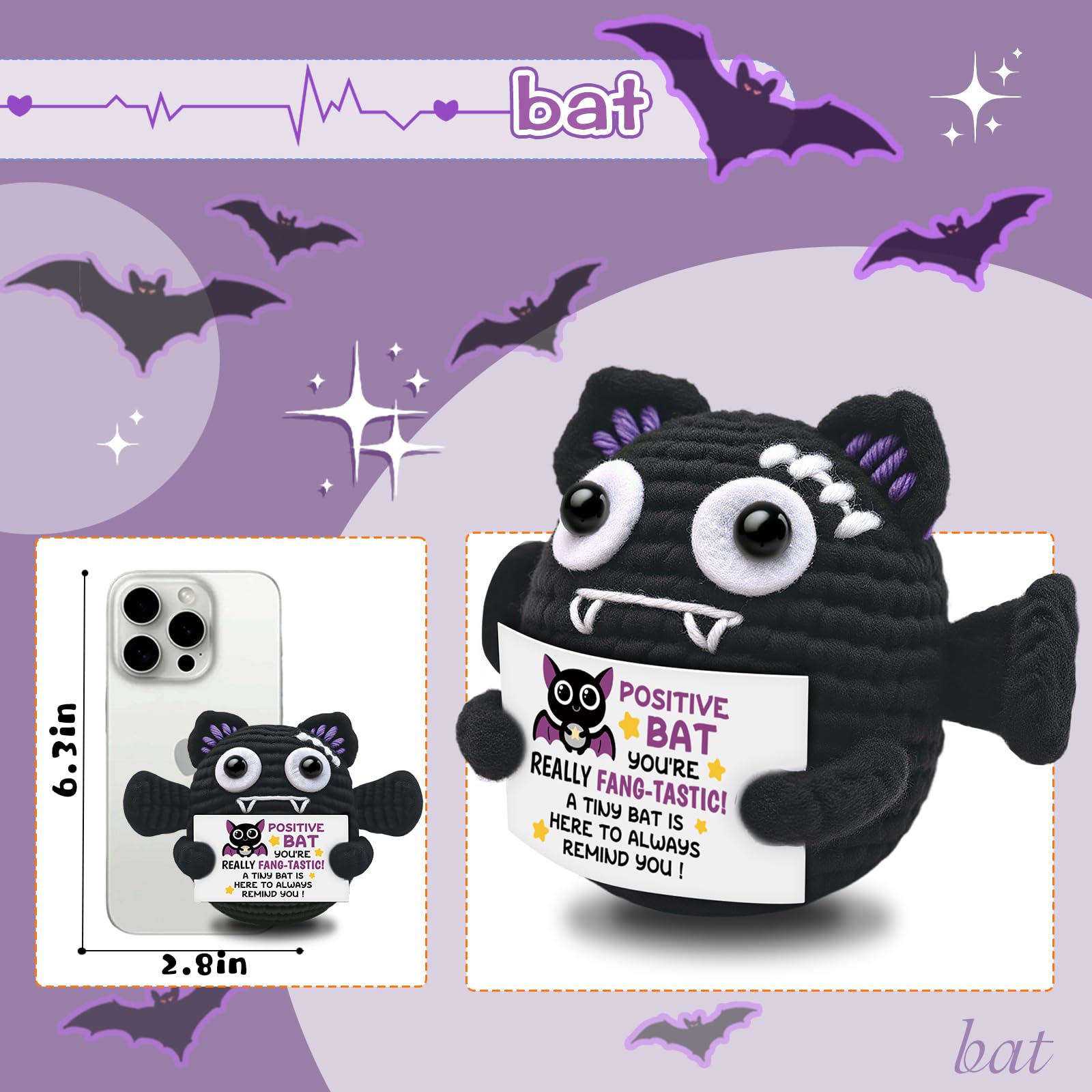 Handmade Positive Crochet Bat Doll Birthday Gifts for Women Men Friends Couples Unique Gifts for Her Him Inspirational Cute Desk Emotional Crochet Room Decor for Women