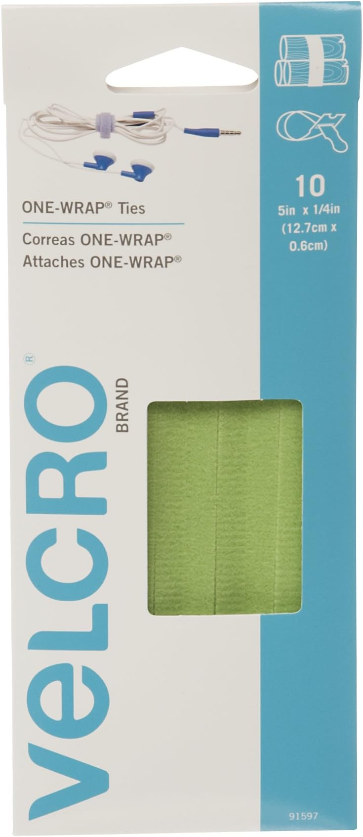 VELCRO Brand - ONE-WRAP for Cables, Wires & Cords - 5" x 1/4" Ties, 10 Ct. - Leaf Green