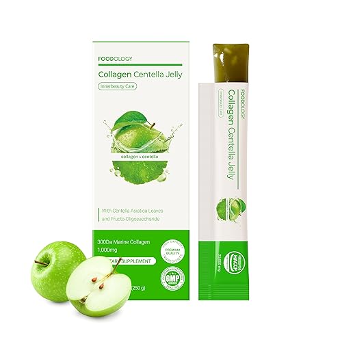 FOODOLOGY Collagen Centella Jelly (10 Days) – 300Da Ultra Low Molecular Collagen, Centella Asiatica, PDRN, Vitamin A & E. Coconut Jelly for Hydration & Skin Support. Green Apple Flavor.