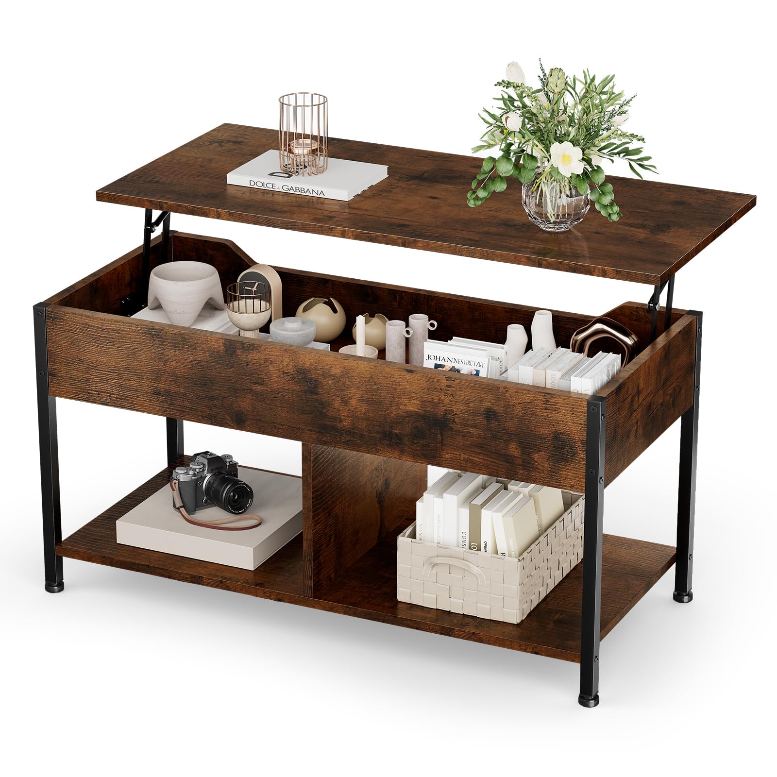 DUMOS Lift Top Coffee Table with Storage 39 Center Table with Hidden Compartment 2 Shelves Farmhouse Wood Coffee