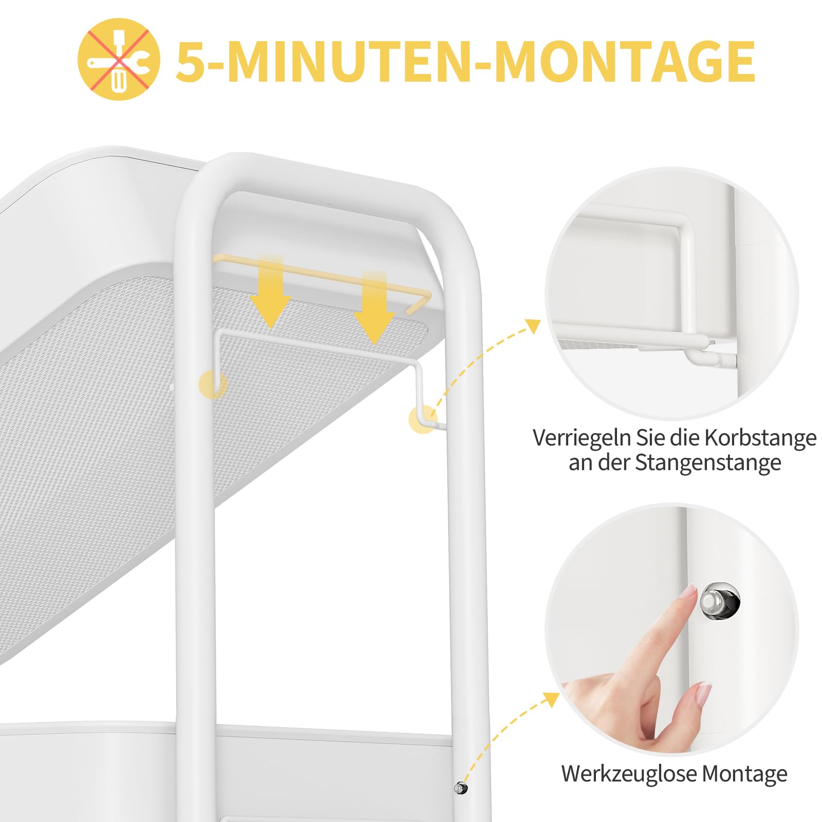 Urackify Allzweck-Aufbewahrungswagen für Verschiedene Anwendungen – mit DIY-Stecktafeln,Körben und Haken für zusätzlichen Stauraum in Küche,Bad,Büro, Klassenzimmer und- Weiß 3 Ebenen