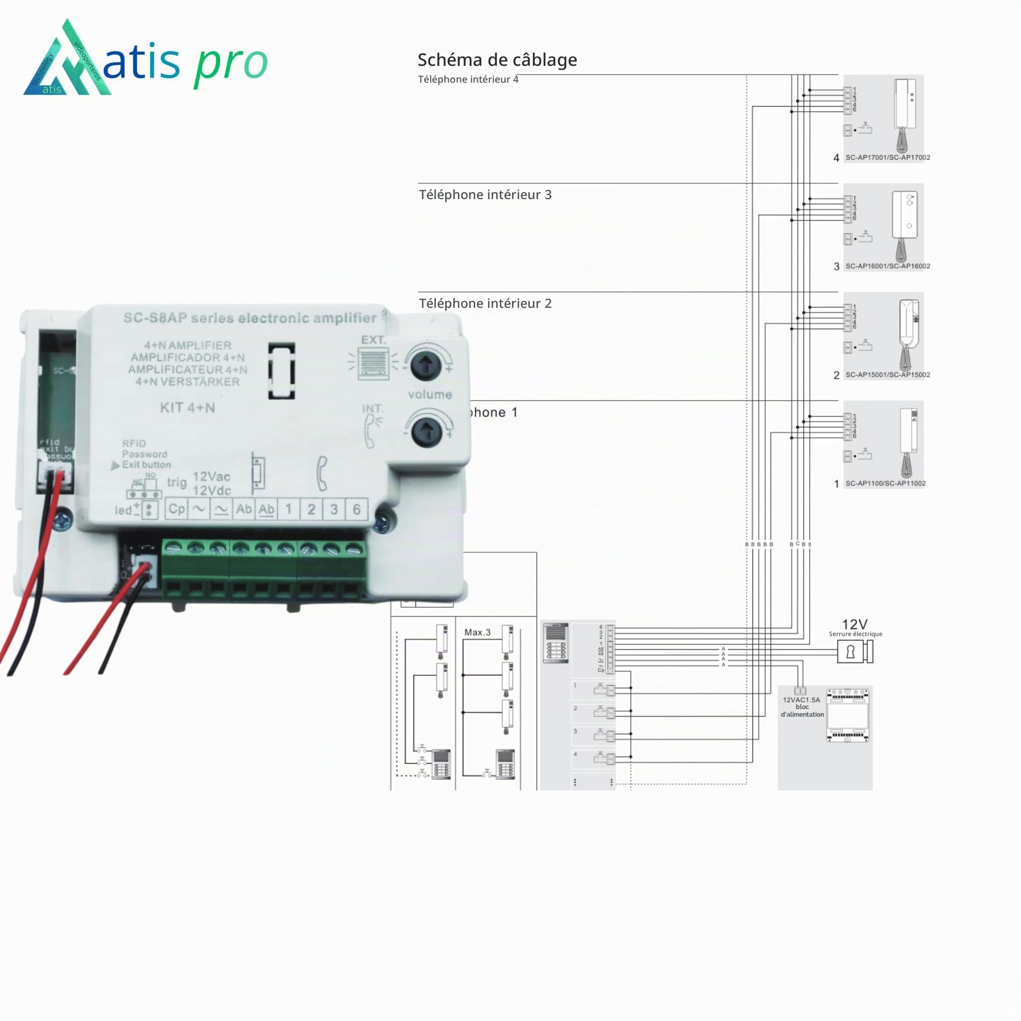 Kit interphone 4 logements audio analogique 4+n – Interphone immeuble 4 appartements complet avec plaque de rue, combinés, alimentation et boîte d’encastrement – Haute qualité
