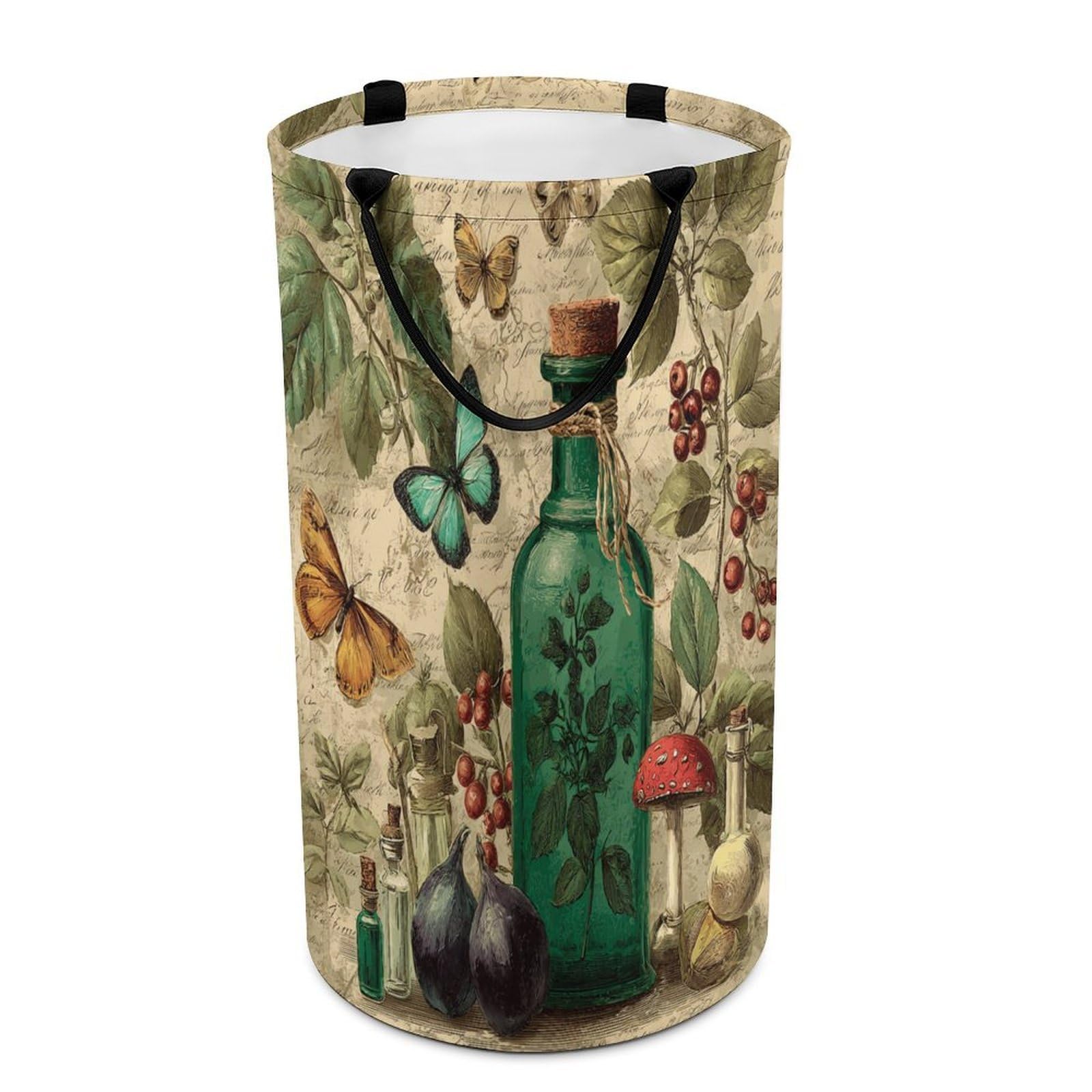 LUYYSKY Rustic Watercolor Green Bottle Collapsible Dirty Clothes Basket, Vintage Realistic Botanical Mushroom Flowers Animal Butterfly Portable Clothes Storage Basket