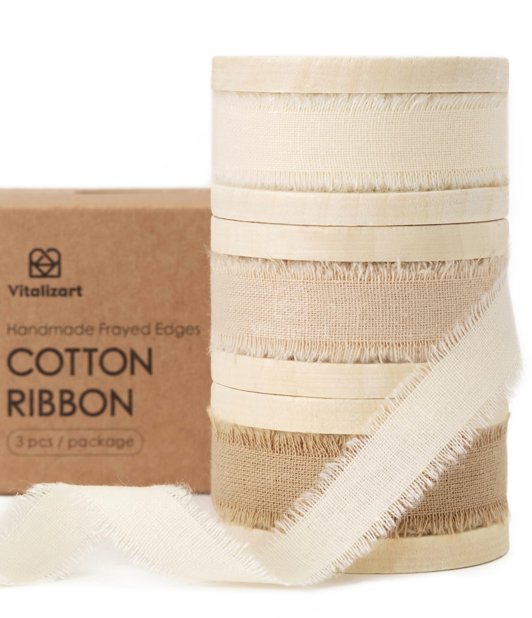 Cinta de algodón Vitalizart con flecos, hecha a mano, 5,8 x 21 yardas, color crema, blanco nude, cintas de algodón natural puro para envolver regalos, invitaciones de boda, ramos de novia y decoración navideña.
