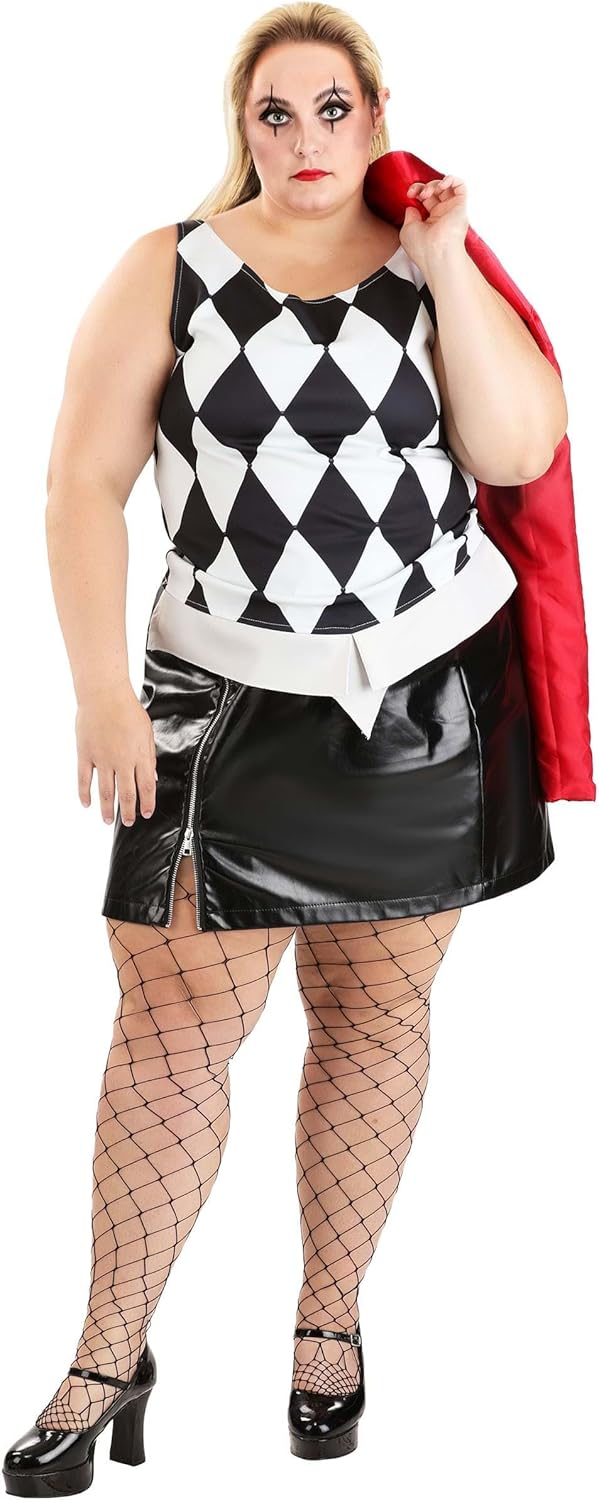 Women's Plus Size Lady Jokester Costume | Harley Villain Cosplay Blazer, Diamond Top with Faux Leather Skirt