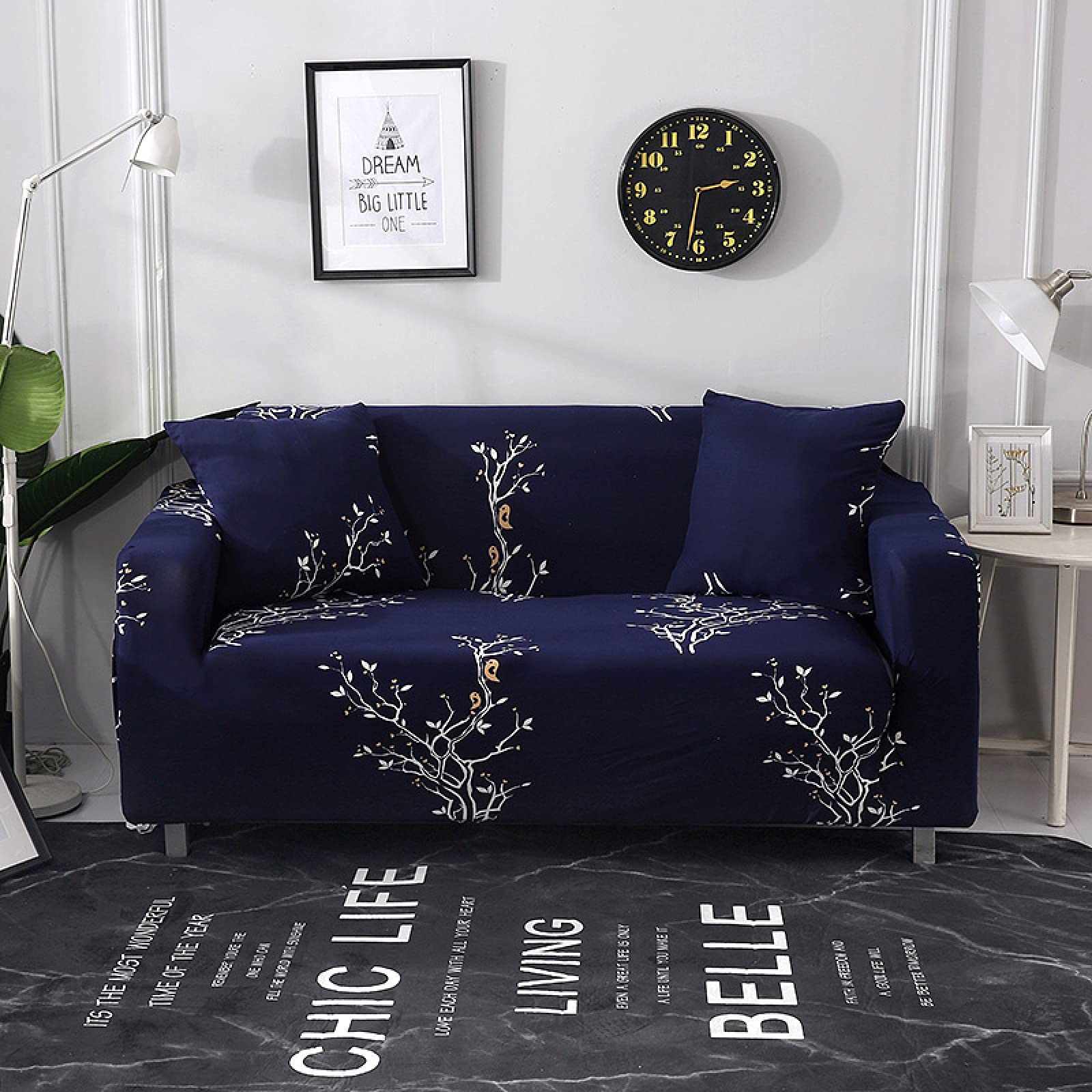 Funda para sofá de 2 plazas elástica con diseño de pájaro y flor azul y funda de almohada