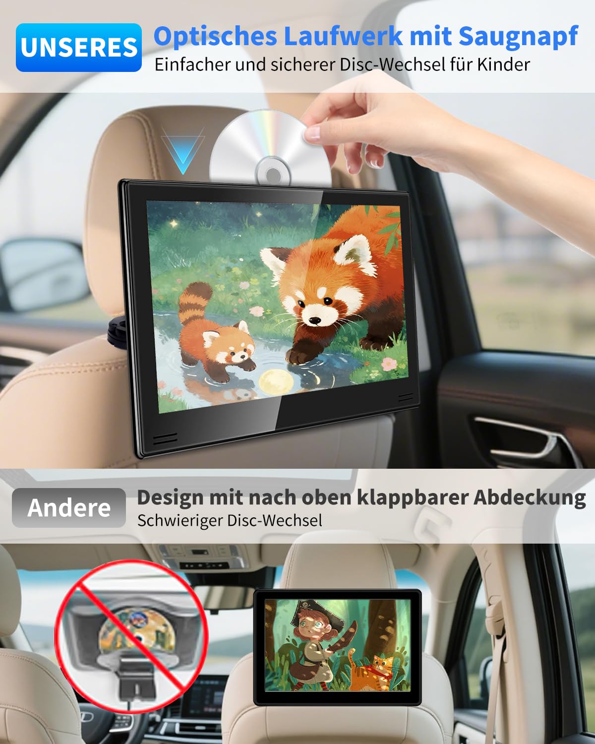 11,6" DVD Player Auto mit HDMI-Eingang & Ausgang, Tragbarer Auto DVD-Player mit Kopfstützenhalterung, Disc-Eingang mit Saugnapf, Unterstützt Letzter Speicher, USB/TF-Karte