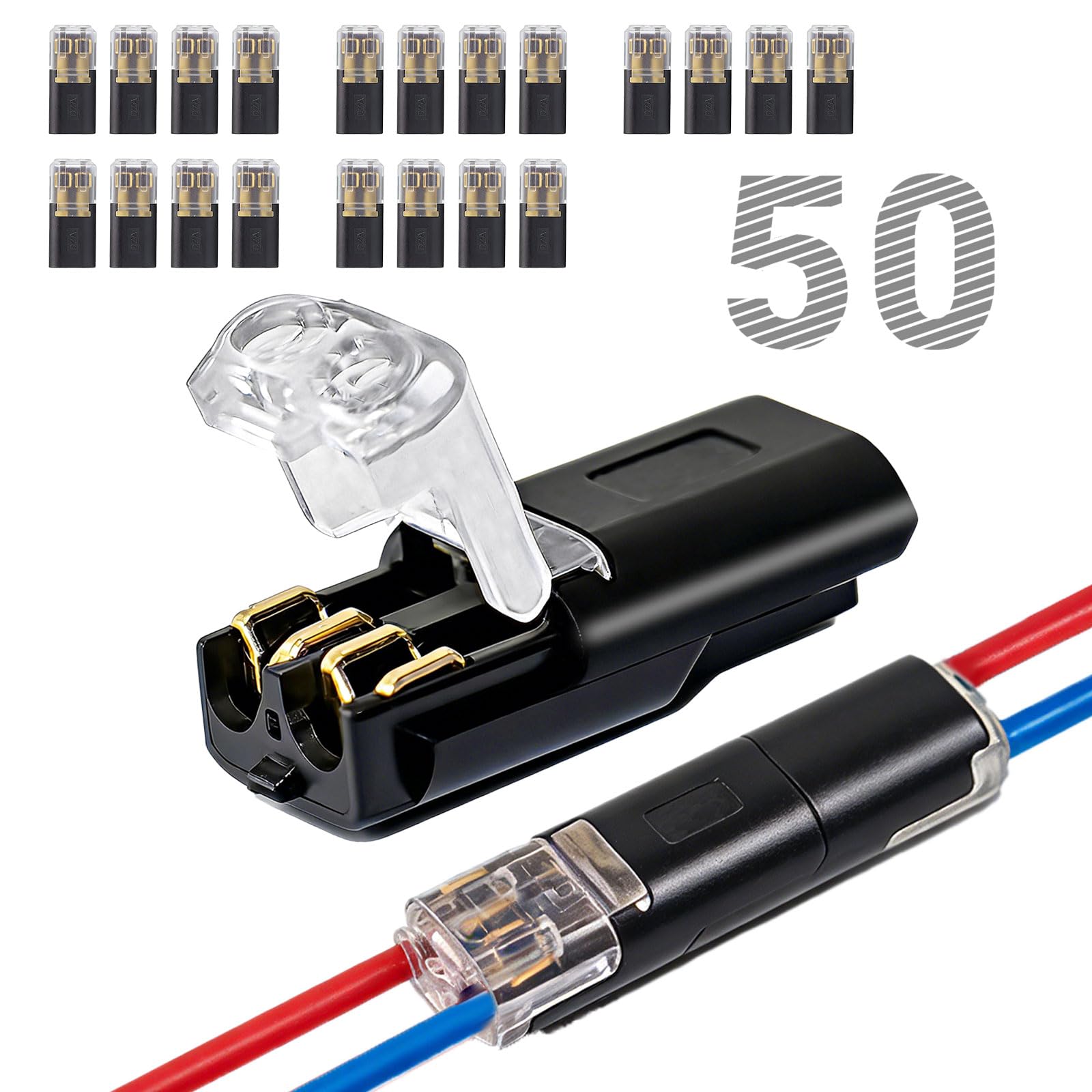 50 Pcs 2-Pin Low Voltage Wire Connectors with Locking Buckle, Quick Connect Clips, No-Strip Solderless Double Wire Splice Connectors for LED Strips, DIY Cable Connection