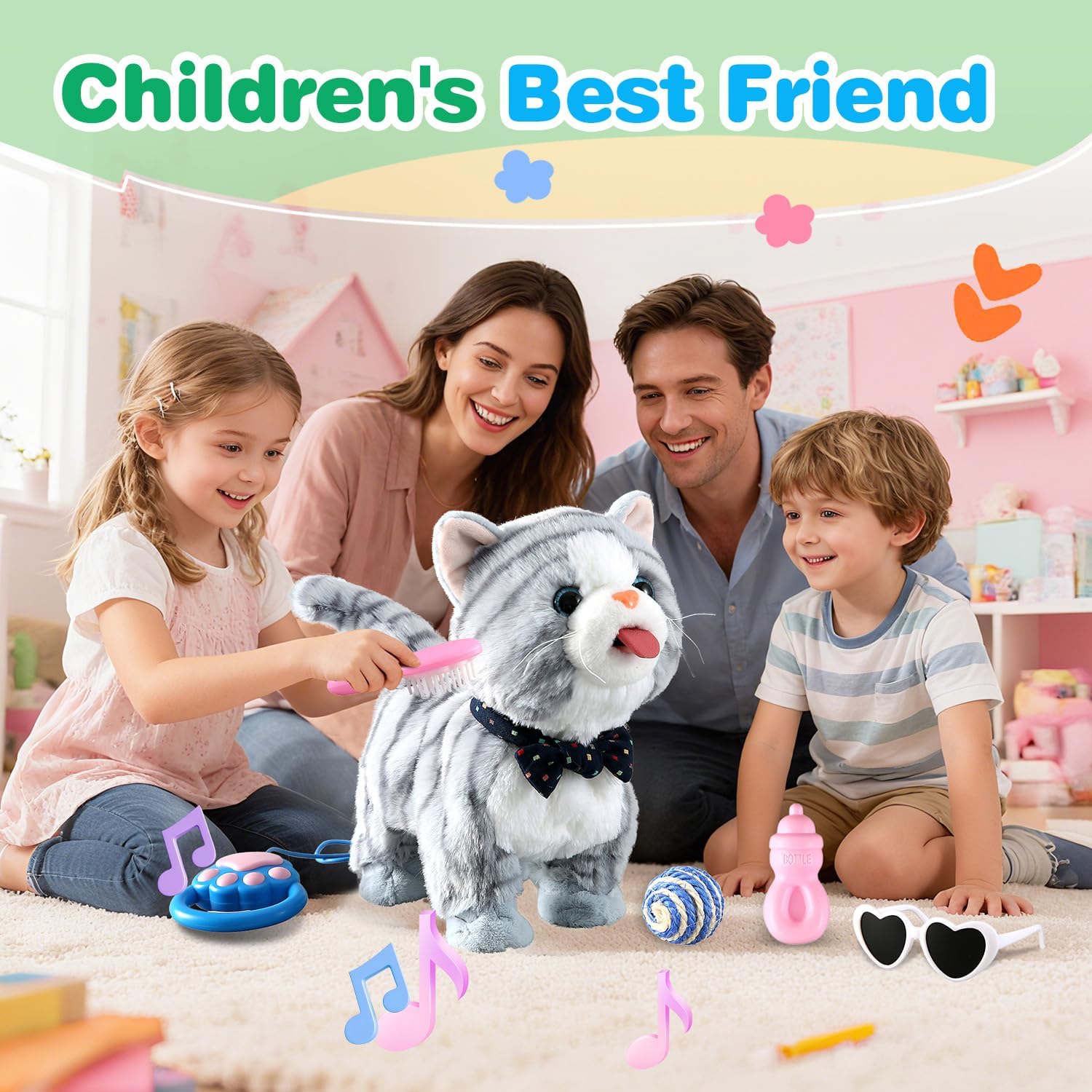 Gray Leash Walking Cat Set Toy Interactive Talking Cat Singing Dancing Kitten Mimicking Repeat What You Say Kitty Touch and Voice Control Nodding Wagging Tail Plush Electric Robot for Kid Girl