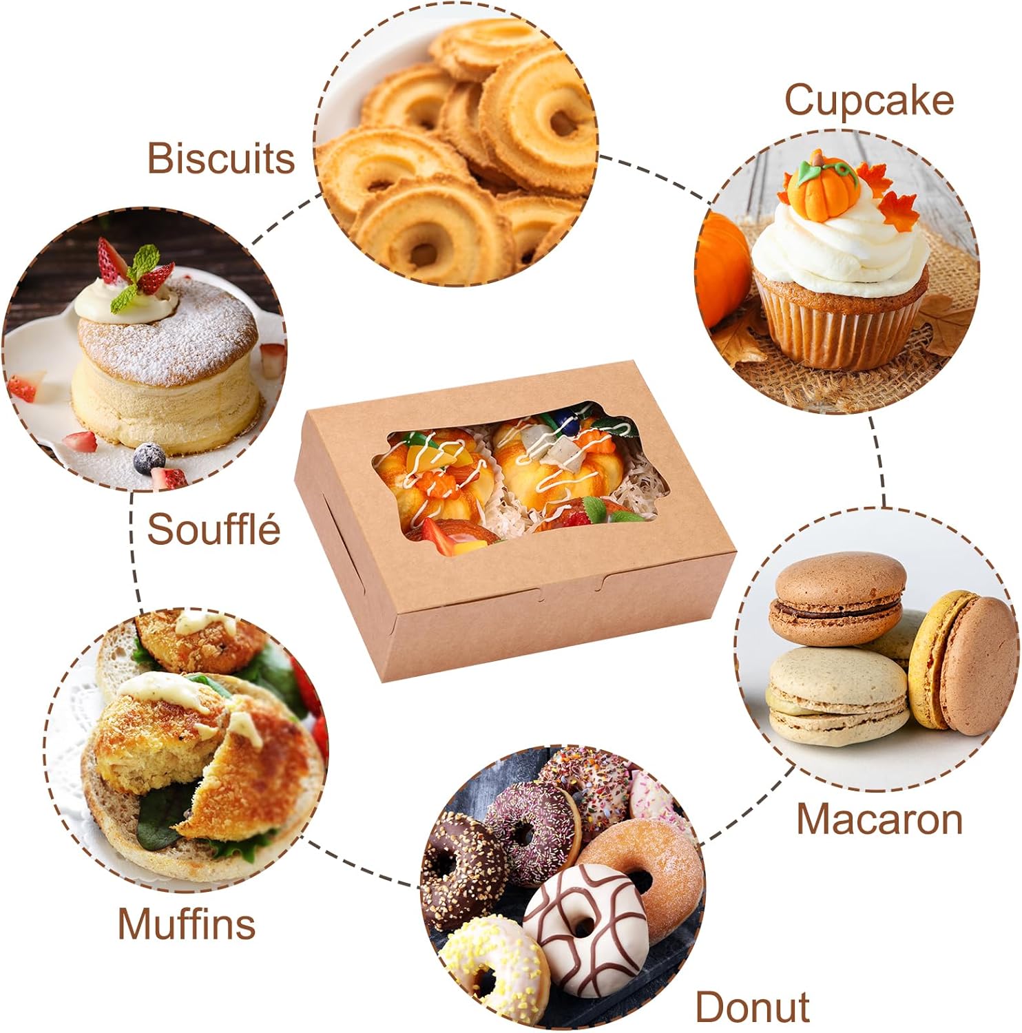 TOMNK 48pcs 8x6x2.5 Inches Cookie Boxes, Treat Boxes with 3 Style Window, for Chocolate Strawberries Muffins Donuts and Party Favor