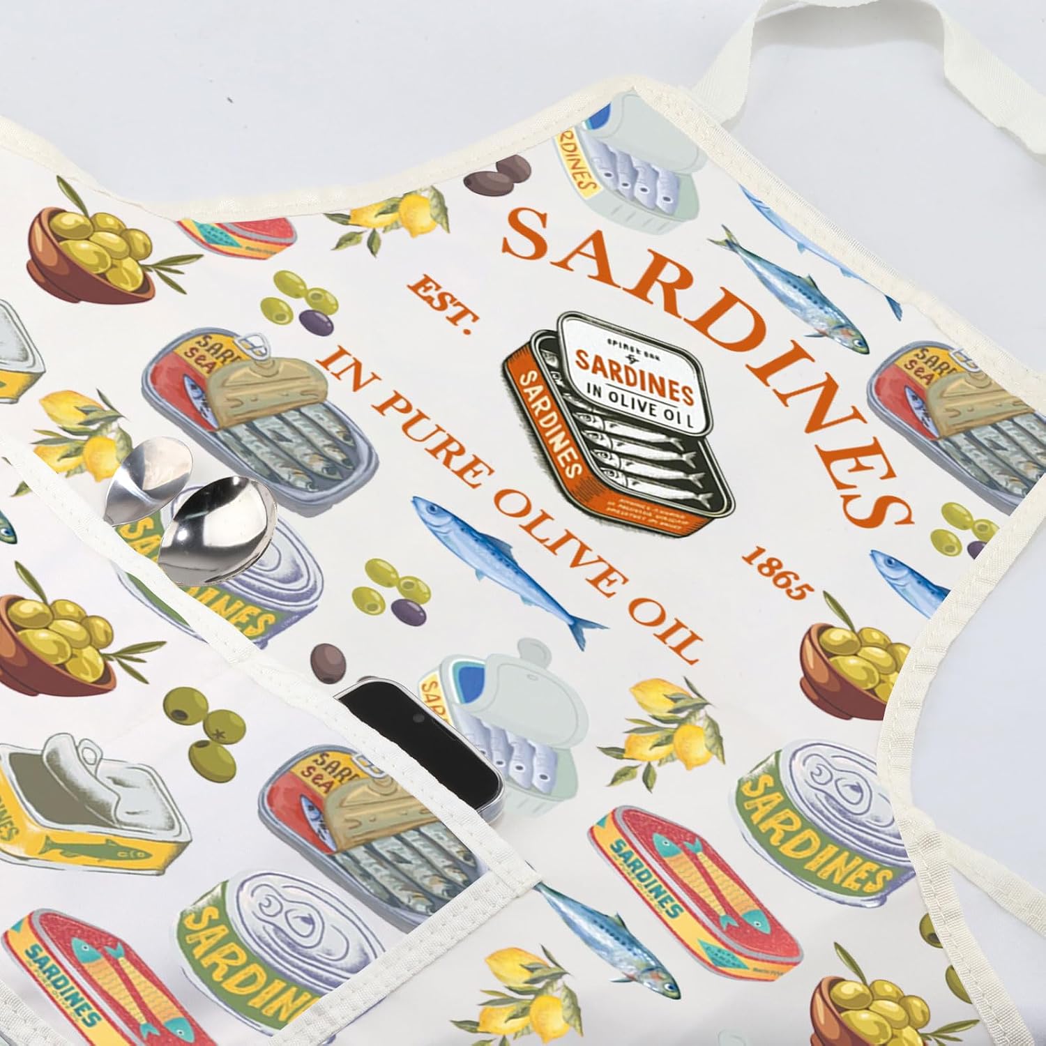JXGZSO Tinned Sardines Apron Seafood Apron with Adjustable Neck Sardines Est 1865 In Pure Olive Oil Portugal Italian Gifts image 2
