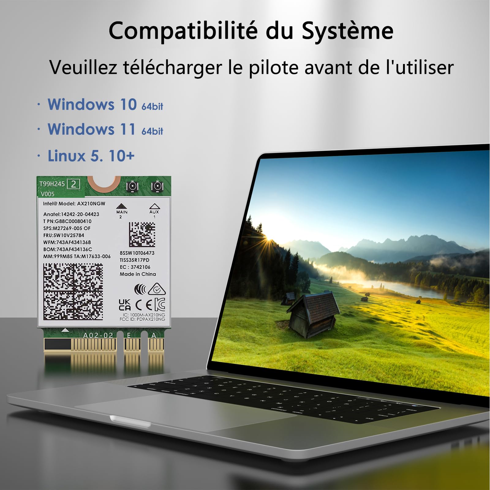 WAVLINK WiFi 6E Carte sans Fil,Intel AX210 Adaptateur Réseau Tri-bande 5400Mbps 2.4GHz/5GHz/6GHz avec Bluetooth 5.3 pour Ordinateur Portable,Latence Ultra-faible,Support Windows 10/11 (64bit) M.2/NGFF