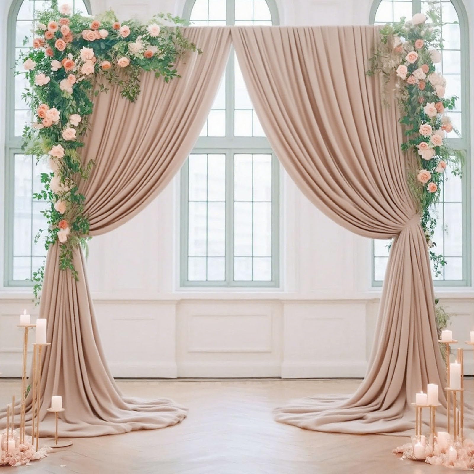 Srliya Tissu de Toile de Fond Champagne élégant, Rideaux de Fond de Mariage en Mousseline de Polyester 5x10 Pieds, Décorations de Cabine Photo