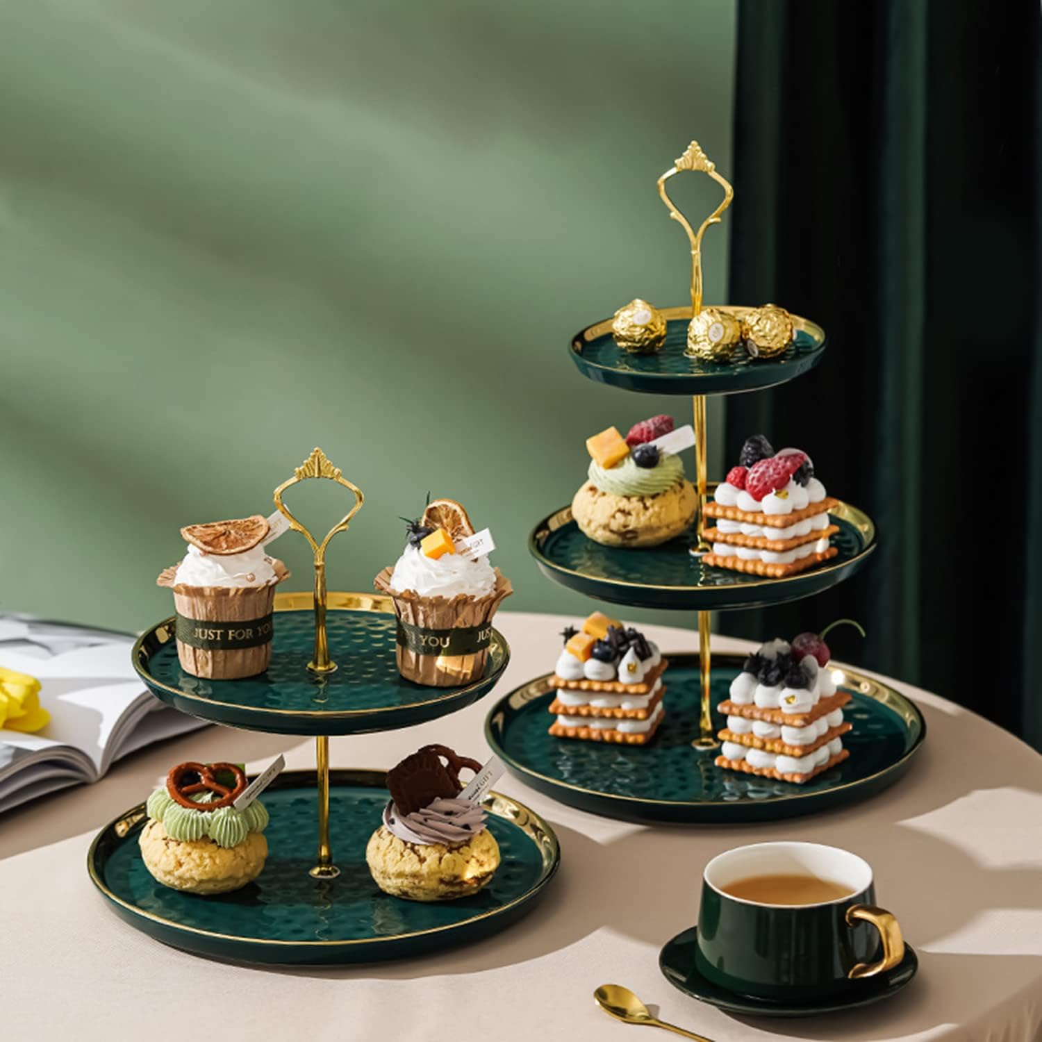 Tosnail Set of 2 Porcelain Cupcake Stand Ceramic Dessert Stand Tiered Serving Trays with Gold Rod, 3 Tiers and 2 Tiers Cake Stand Party Serving Trays Fruit Pastry Holders for Wedding and Party