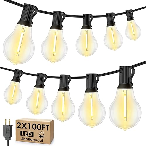 Guirnalda de luces LED para exteriores de 200 pies (2 x 100 pies), luces LED de patio con 83 bombillas A39 regulables impermeables e inastillables