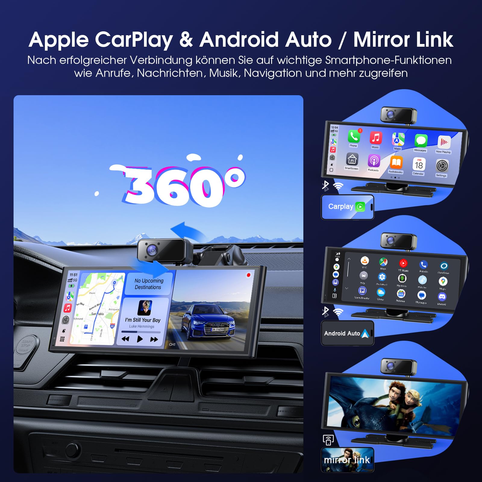 Avylet 10,26" 60FPS CarPlay Display mit 4K/1080P 3-Kanal-Videoaufnahme, kompatibel mit Apple CarPlay/Android Auto, 64GB Karte, OTA-Updates, GPS, Mirror Link, Sprachsteuerung, Bluetooth/AUX/FM