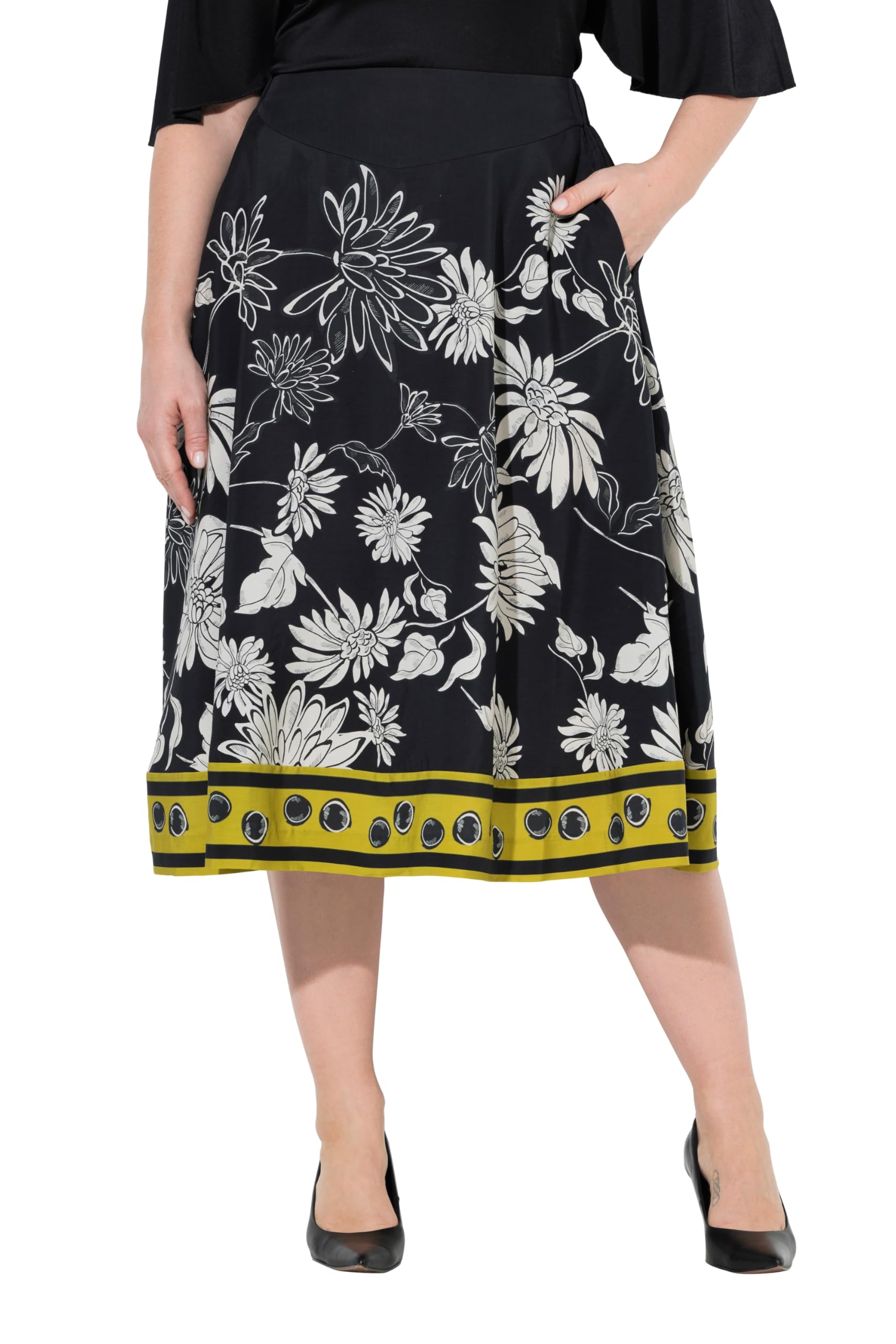 Ulla Popken Damen große Größen Übergrößen Plus Size Midirock, Blüten, A-Linie, Komfortbund, Lyocell 847154