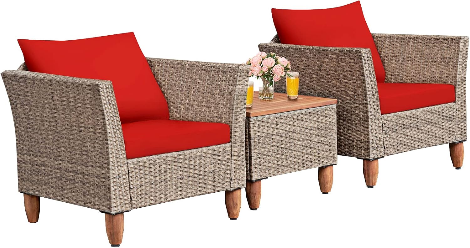 Tangkula 3 Piece Patio Furniture Set, Outdoor Wicker Rattan Bistro Sofa