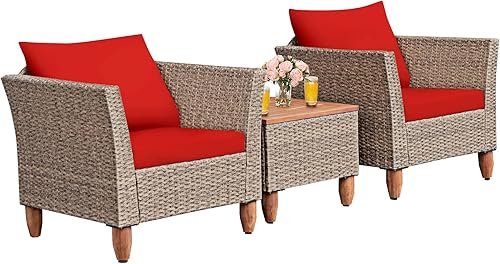 COSTWAY 3PCS Patio Rattan Bistro Muebles Set Mesa Madera Cojín Sofá Rojo