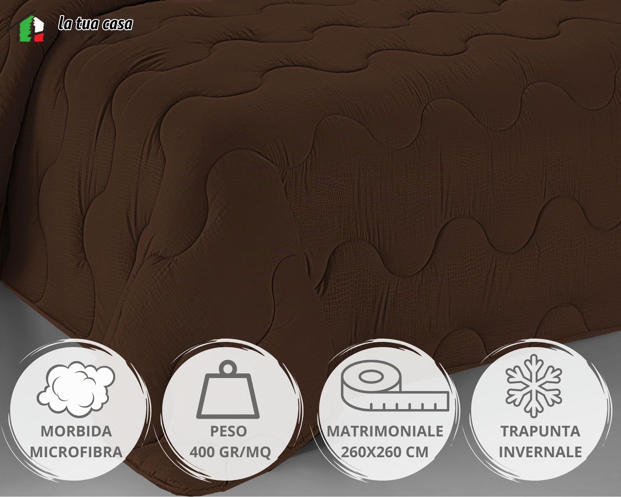 Tata Home Trapunta Invernale Matrimoniale Imbottita in Morbida Microfibra Piumone Letto Trapuntato Caldo e Soffice Autunno Inverno Traspirante Anallergico Made in Italy Mod. Samira Colore Marrone