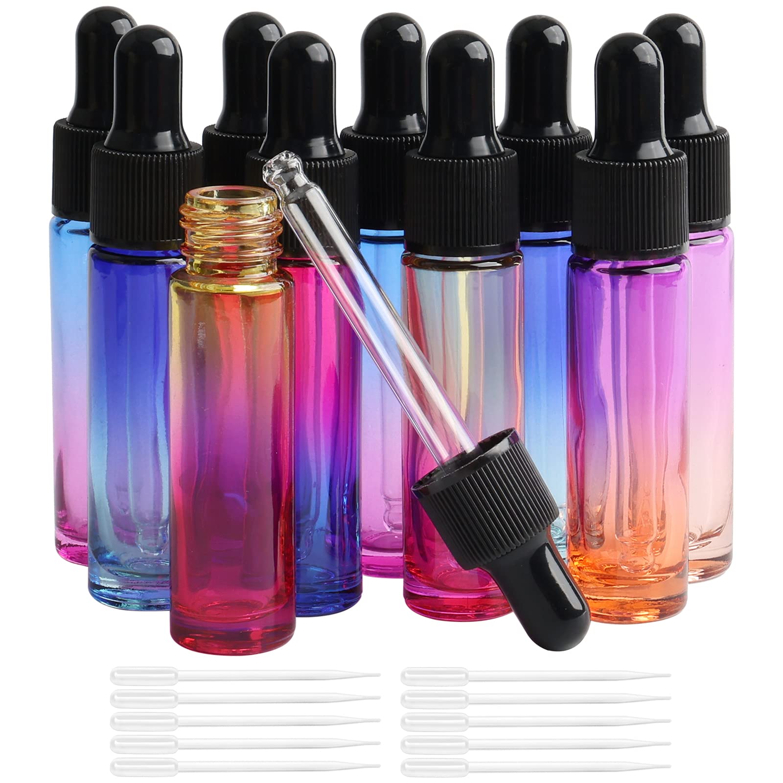 Rowiz 10Pcs Dropper Bottles Set, 10ml (1/3 oz) Gradient Glass Dropper Bottle with 5ml Tapered Plastic Droppers, Essential Oils Perfume Reusable Bottles Vial