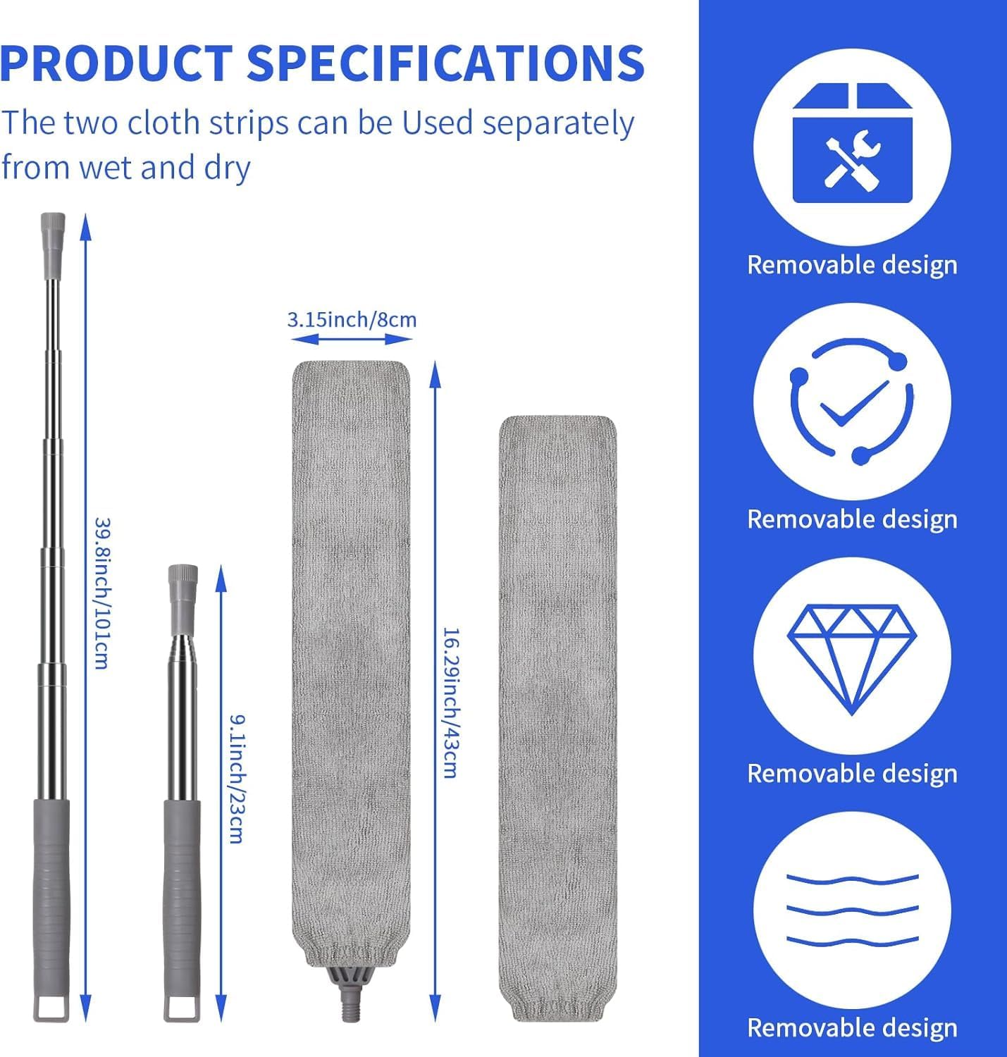 Retractable Gap Dust Cleaner, Extendable Gap Duster with 4 Microfiber Dusting Cloths Long, Under Appliances Cleaning Tools with Extendable Pole,Under Refrigerator, Furniture, High Ceiling