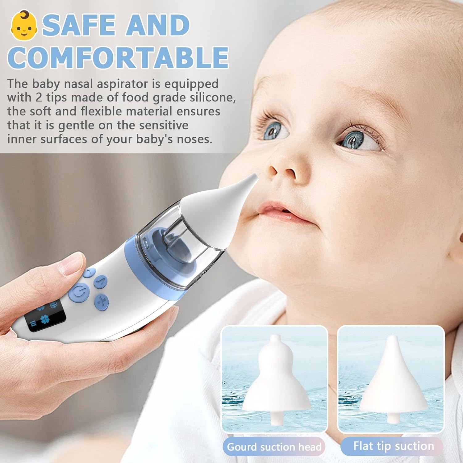 Aspiratore nasale elettrico per neonati, ricaricabile con 3 livelli di aspirazione, 2 punte, musica e luce soffusa – pulisce il naso dei bambini in modo delicato