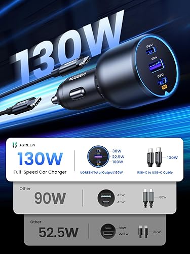 Miniatura 2 de UGREEN Cargador de coche USB C de 130 W, PD 100 W + PD 30 W tipo C, cargador de coche de carga rápida compatible con iPhone 15 15 Plus 15 Pro 15 Pro