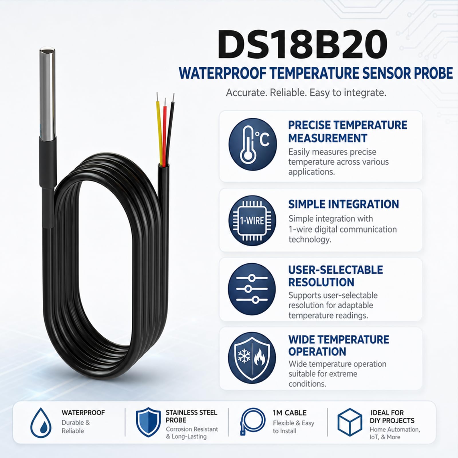 10 sztuk sond temperatury DS18B20 z czujnikiem temperatury w opakowaniu ze stali nierdzewnej, wodoodporne, 1 m.